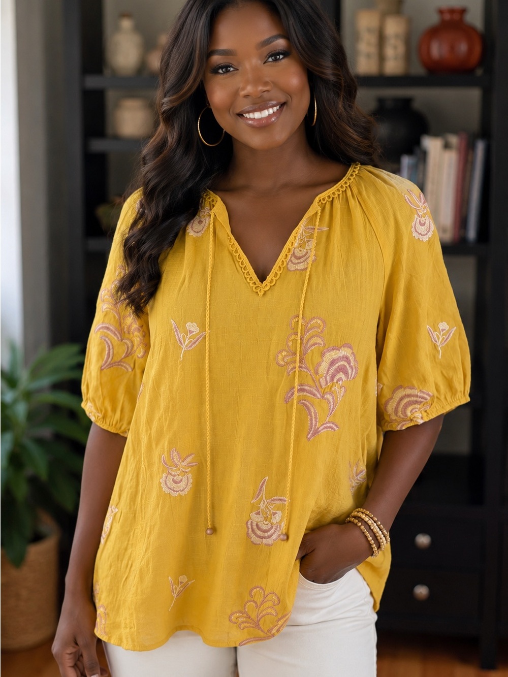 Boho Chic Mustard Yellow Embroidered Tunic with Pink Accents